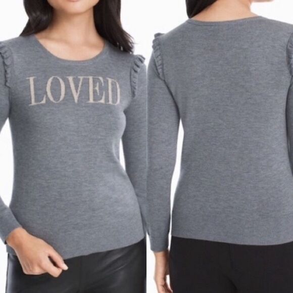 White House Black Market Gray Sweater with 'Loved' Print - Picture 3 of 11